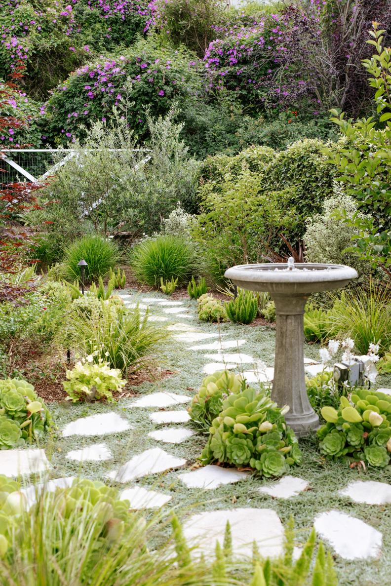 Birdbath Fountain and Stone Path